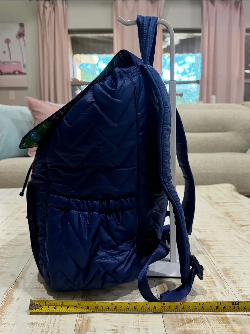 Vera Bradley Backpack Puffy Drawsteing Quilted Chevron Navy Blue Backpack
